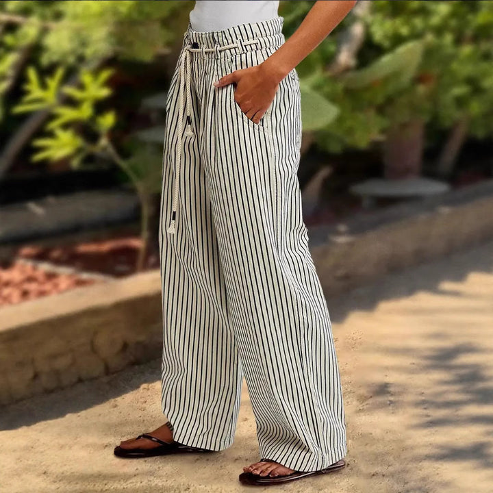 Ladies Comfortable Beach Pants with Casual Striped Pattern and Woven Belt Lune London