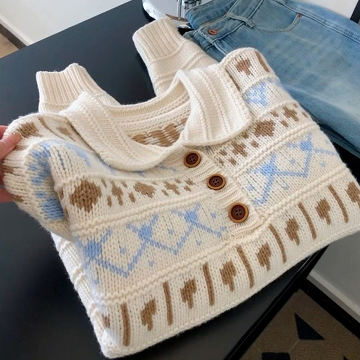 Ladies chunky knit sweater with a love pattern and a romantic collar Lune London