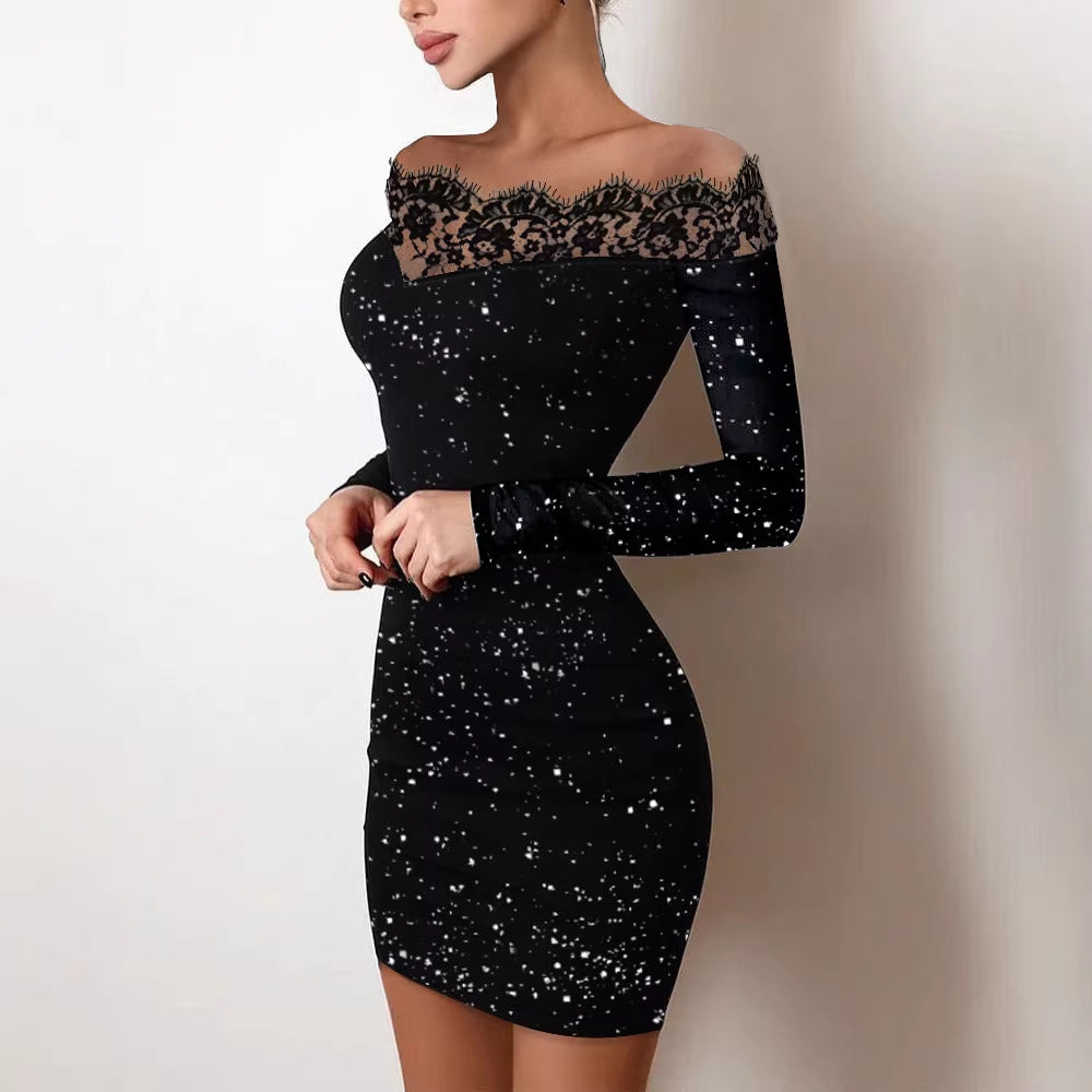 Ladies Off-shoulder Dress with Lace Trim Lune London