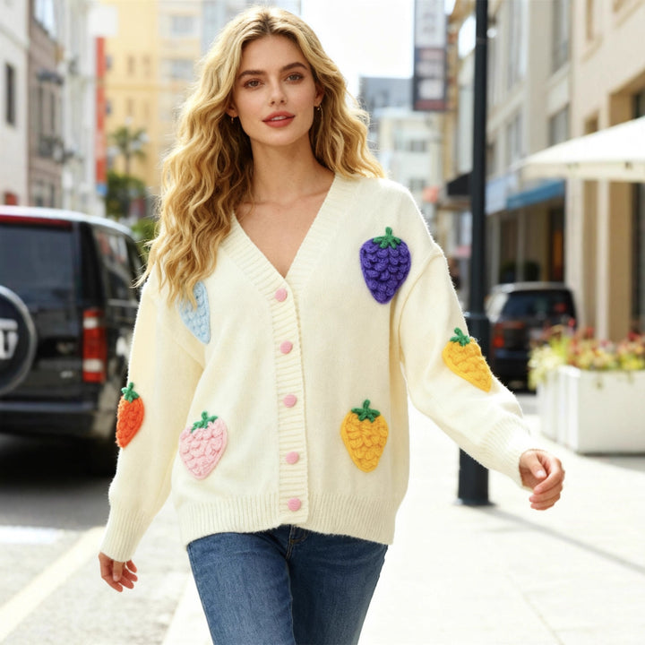 Veste en tricot décontractée pour femmes avec motif de fruits colorés Chic & Stil