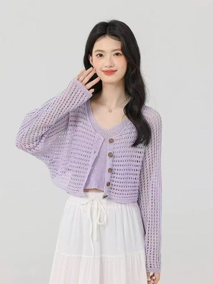 Ladies casual knit cardigan with mesh pattern and button closure Lune London