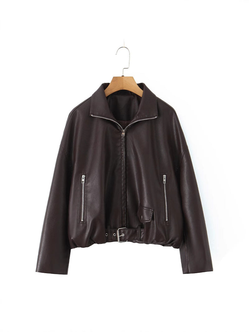 Ladies stylish faux leather jacket with belt Lune London