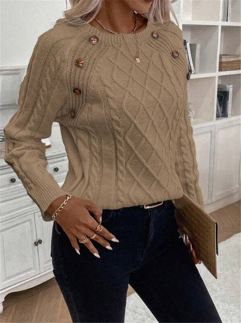 Knitted sweater for women with a textured diamond pattern and decorative buttons Lune London