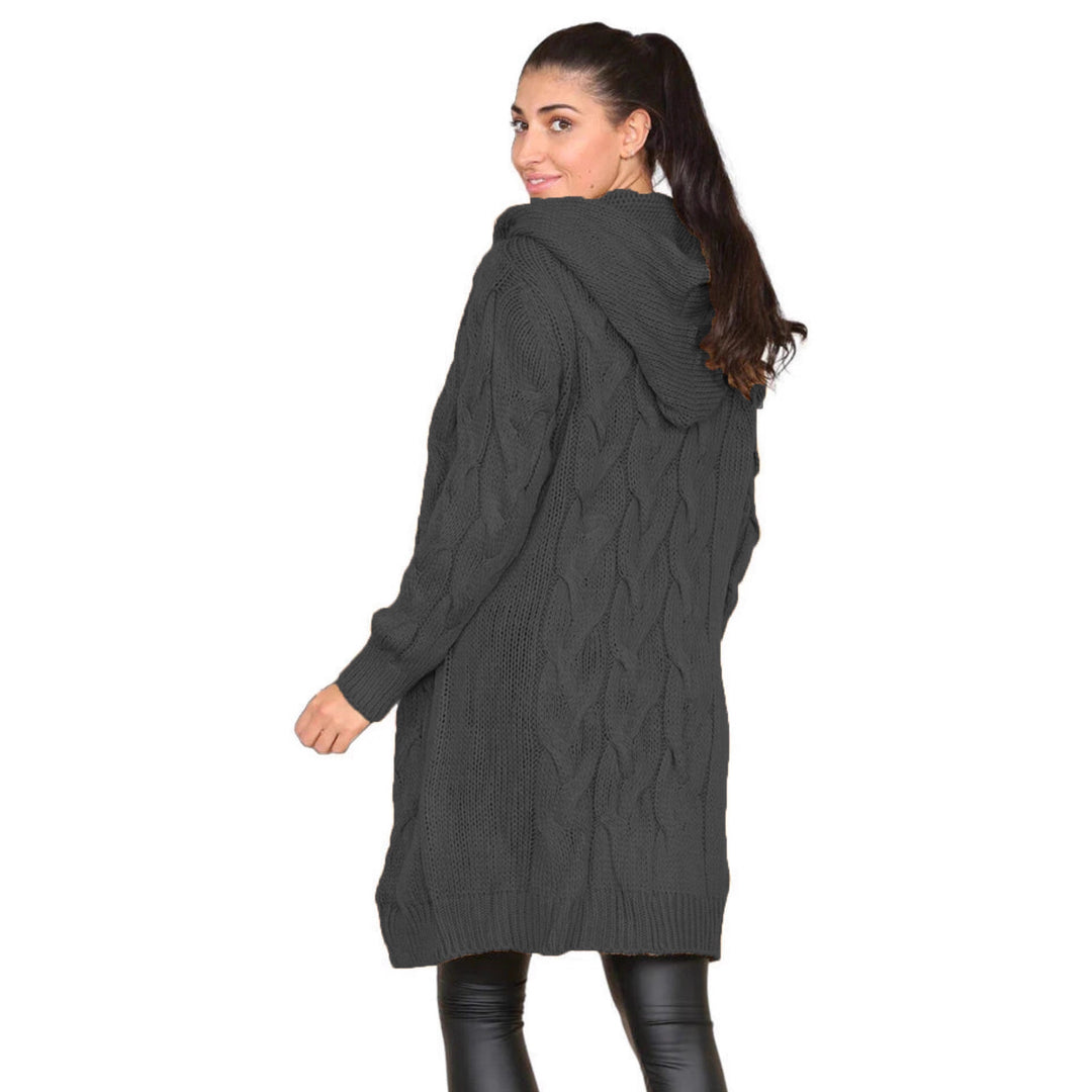 Ladies Chunky Knit Hoodie-Coat with Braid Design and Deep Pockets Lune London