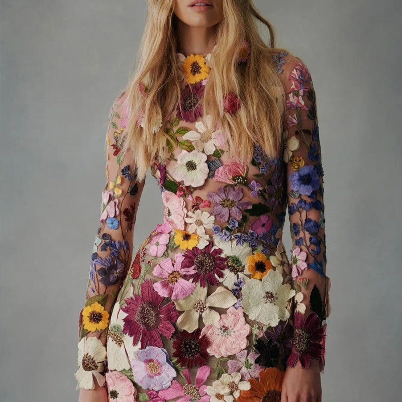 Women's Floral Embroidered Mini Dress with Sheer Sleeves Lune London