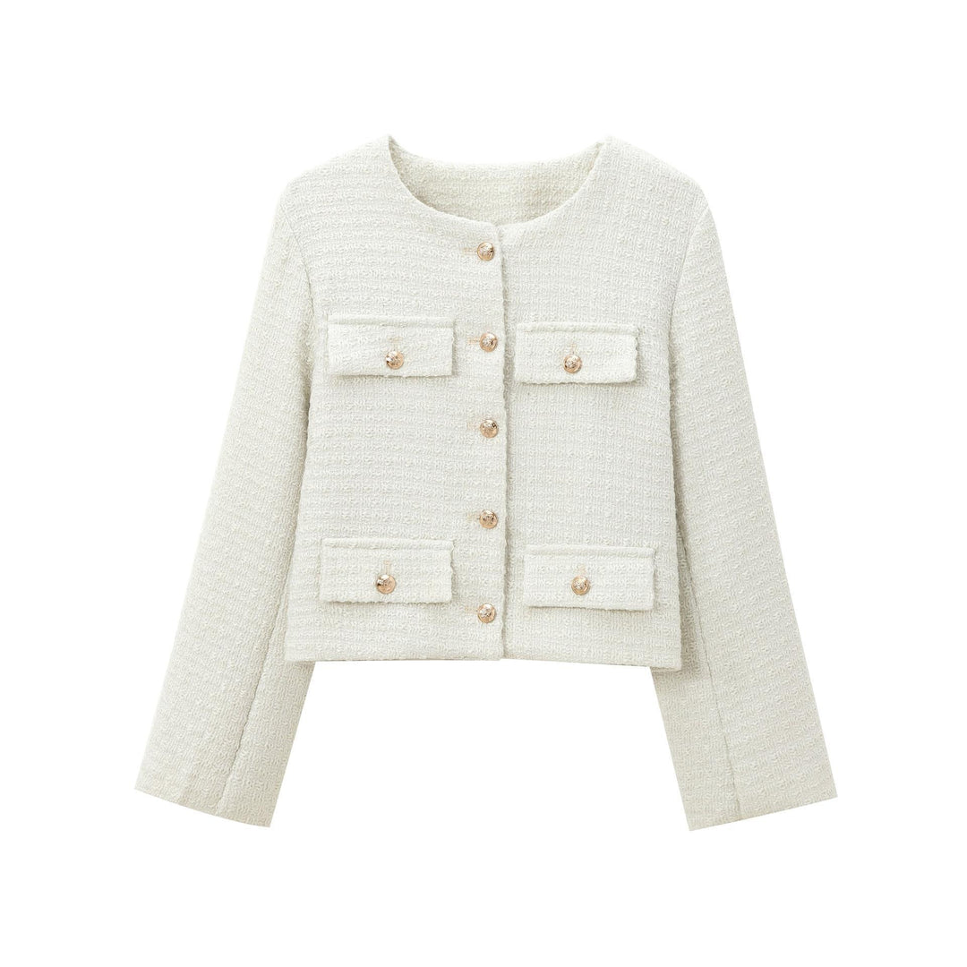Elegant blazer jacket for women in structured tweed with decorative button details Lune London