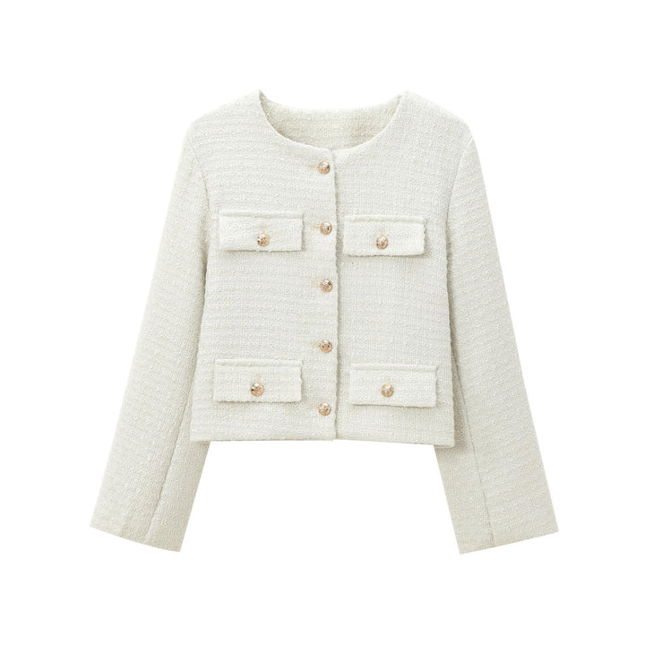 Elegant blazer jacket for women in structured tweed with decorative button details Lune London