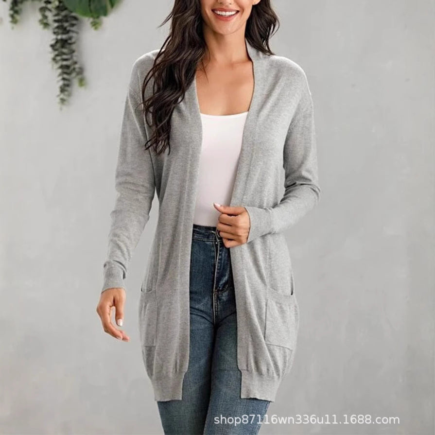 Ladies Long Cardigan with open front and practical pockets Lune London