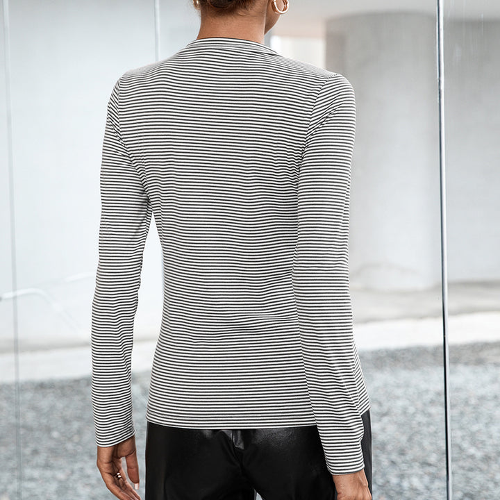 Women Long Sleeve Top with Button Placket and Striped Pattern Lune London