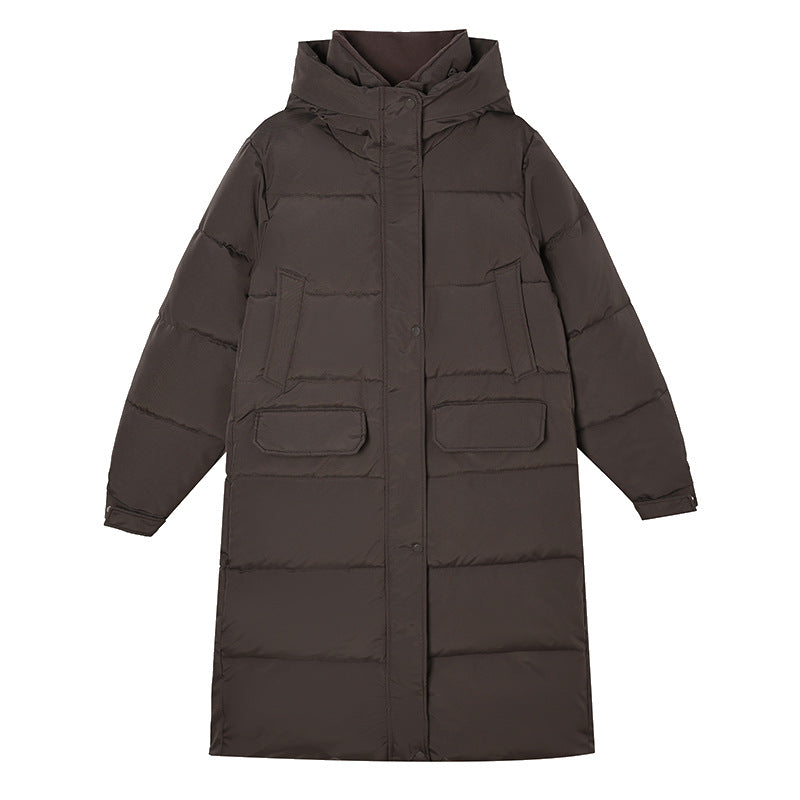 Ladies long insulated winter jacket with hood and zip-up collar Lune London