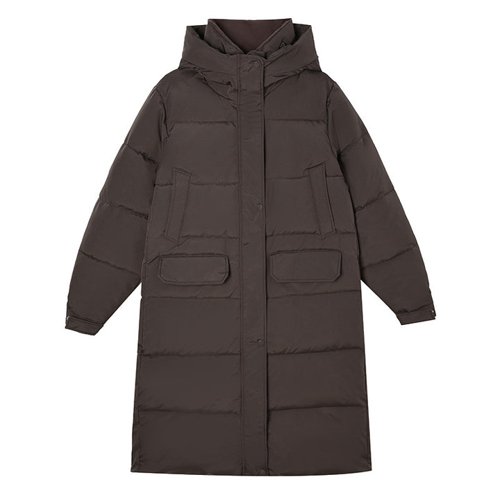 Ladies long insulated winter jacket with hood and zip-up collar Lune London