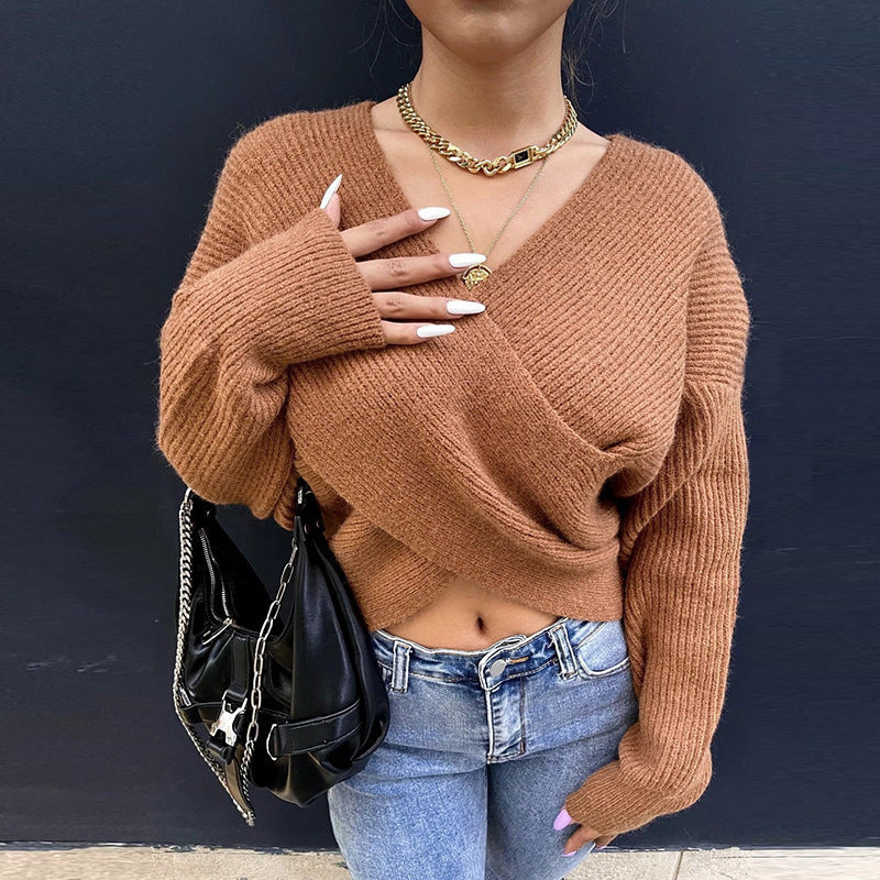 Oversized knit sweater with wrap design and textured fabric for women Lune London
