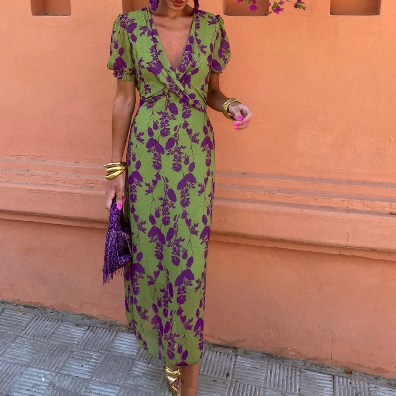 Robe maxi pour femmes avec décolleté en V profond et motif diamant artistique Chic & Stil