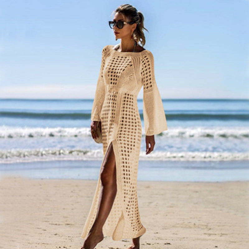 Women's Airy Crochet Beach Dress with Long Sleeves and Side Slit Lune London