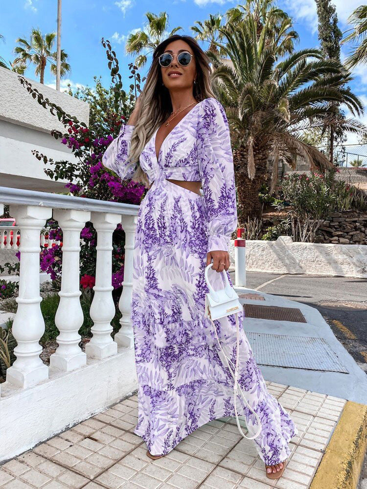 Maxi dress for women with an elegant V-neckline and a playful ruffled hem Lune London