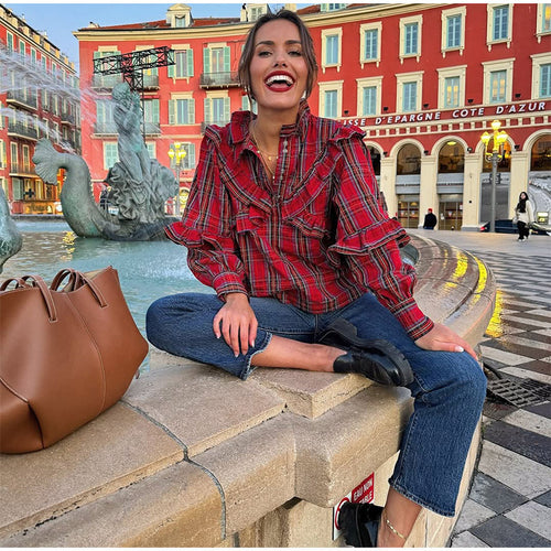 Women’s blouse with ruffle details and checkered pattern Lune London