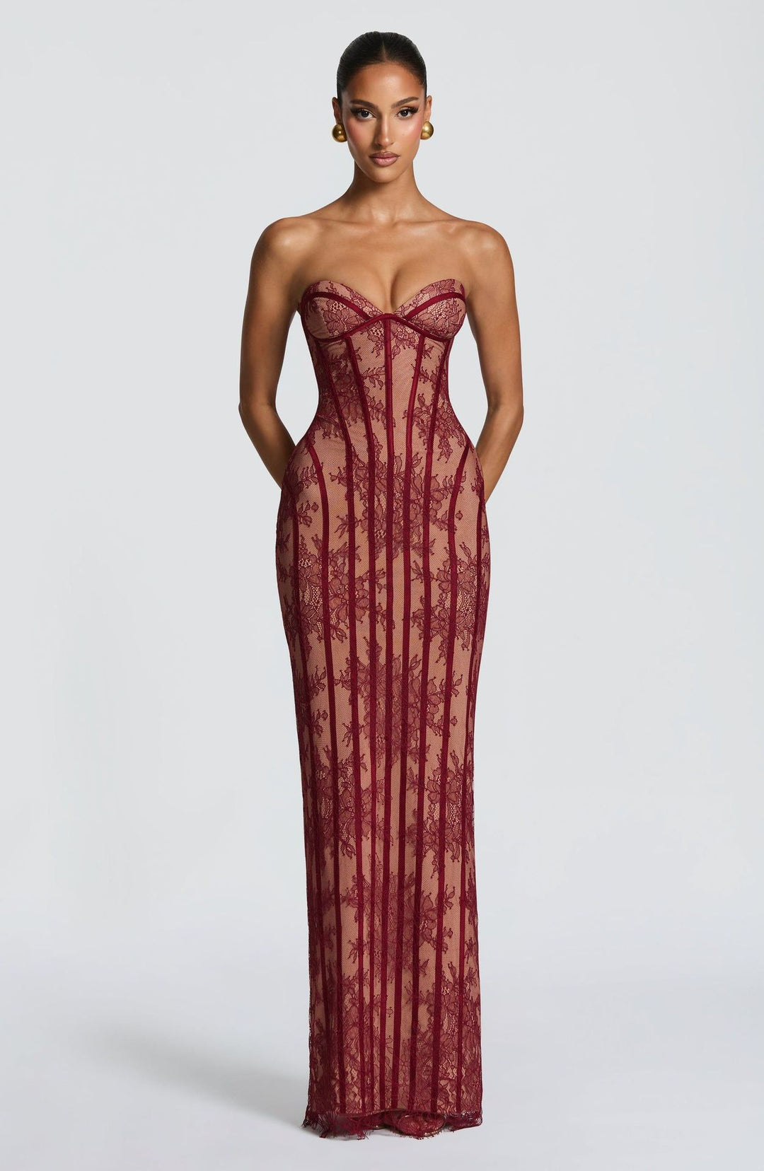 Ladies fitted lace dress with bustier top and elegant details Lune London