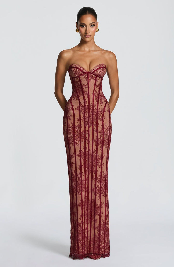 Ladies fitted lace dress with bustier top and elegant details Lune London