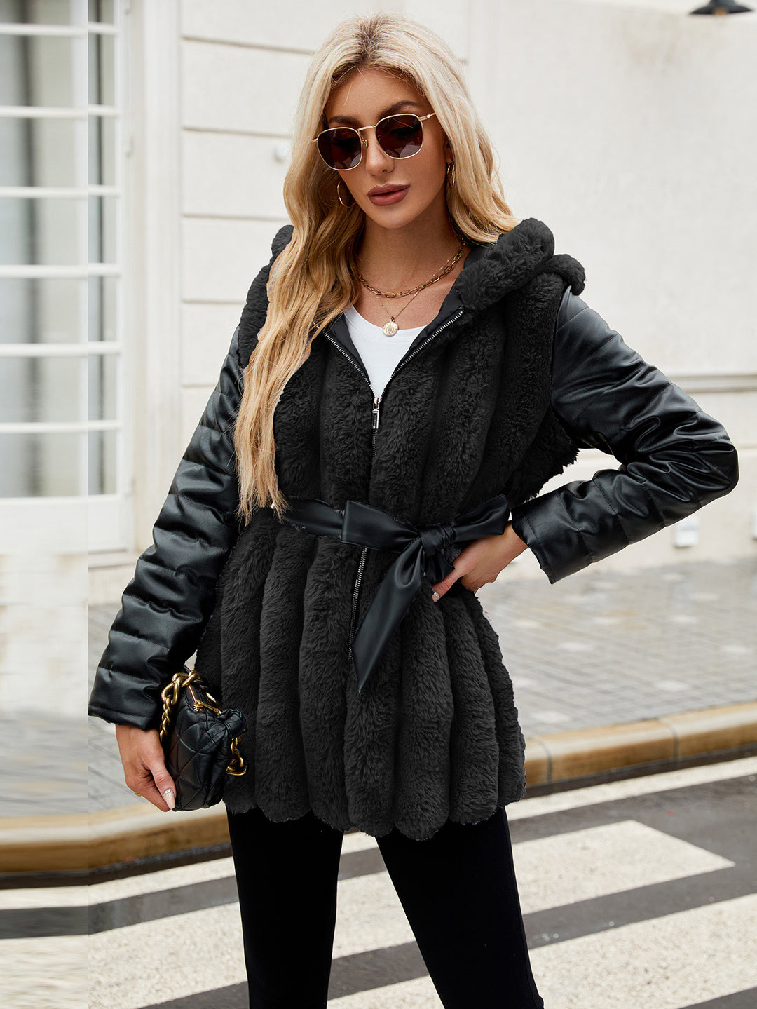 Reversible women's jacket with hood and faux fur belt Lune London