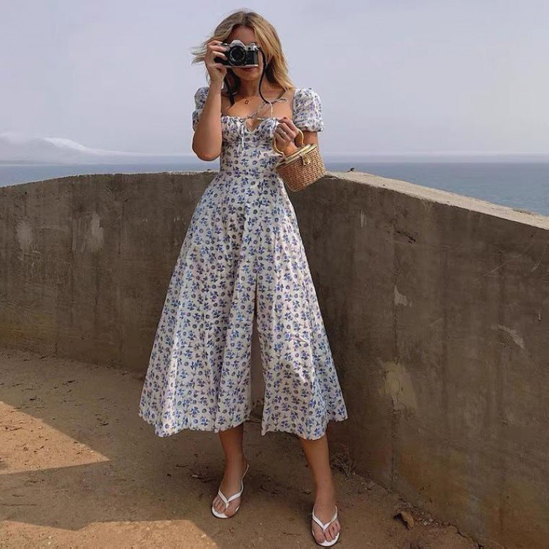Chic Floral Patterned Puff Sleeve Midi Dress for Women