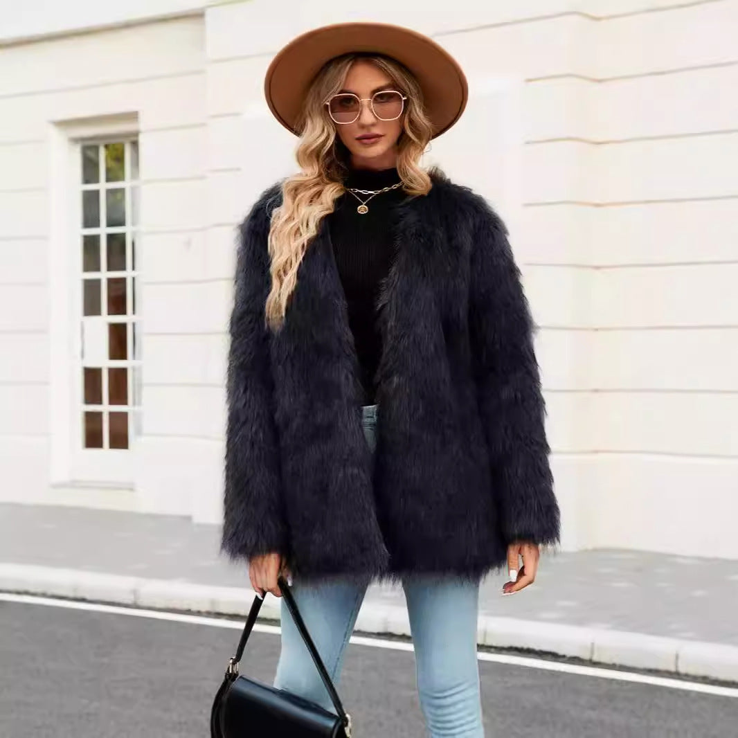 Ladies Luxury Faux Fur Coat with Open Collar Lune London