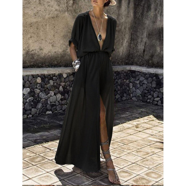 Robe maxi femme avec décolleté en V profond et fente sophistiquée Chic & Stil