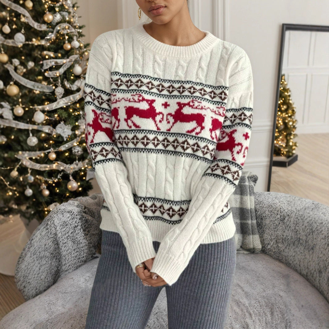 Knitted sweater for women with festive reindeer pattern and luxurious cable pattern Lune London
