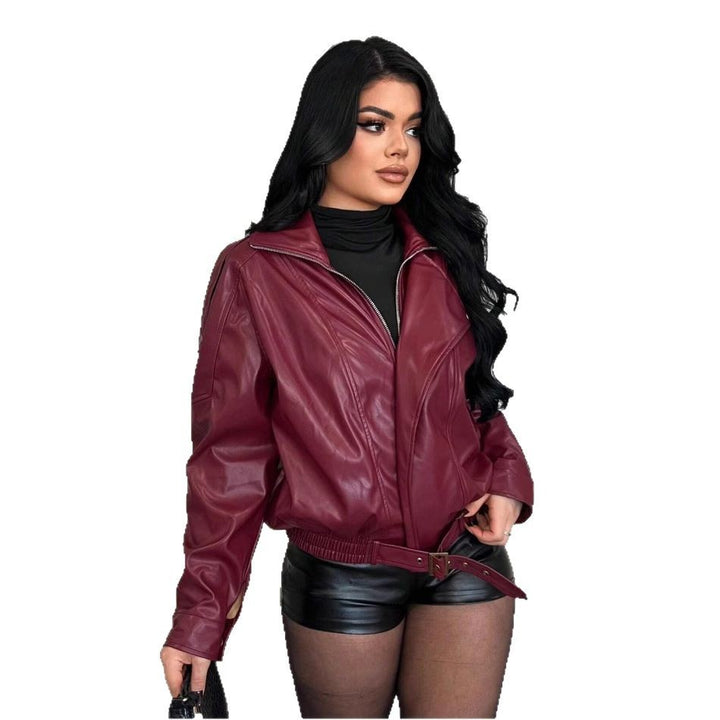 Faux leather jacket for women with a fitted cut and a decorative belt Lune London