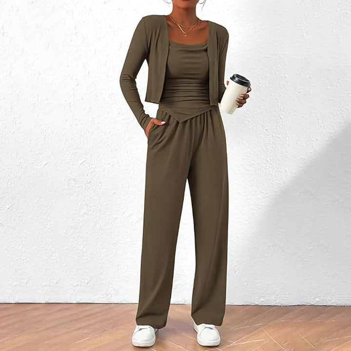 Women Comfortable Jumpsuit with Sleeveless Blouse and Open Cardigan Lune London