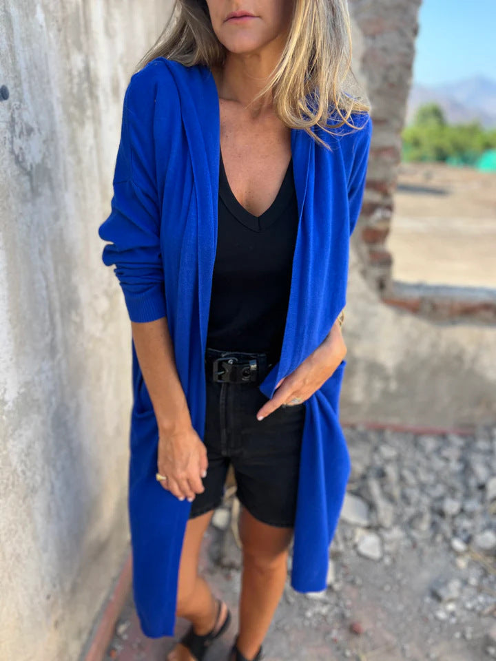 Ladies Long Knit Cardigan with Open Front and Practical Pockets Lune London