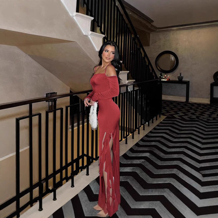 Ladies Elegant Long Maxi Dress with Long Sleeves, Asymmetrical Hem and Ruffle Details Lune London