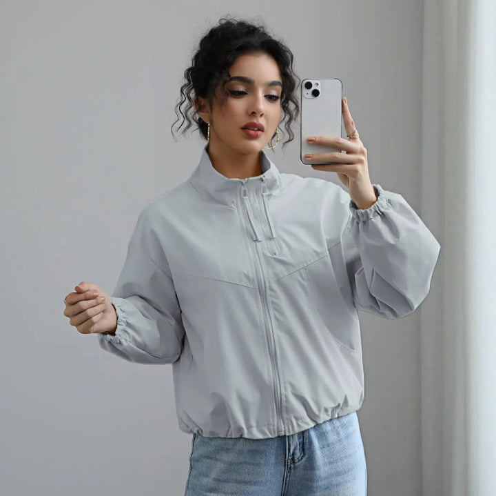 Fashion transitional jacket for women with high collar and elastic waist Lune London
