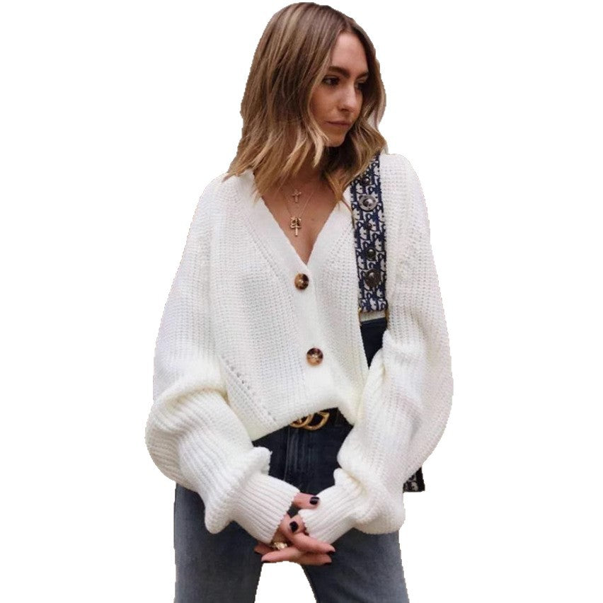 Knit jacket for women with plunging V-neck and buttons Lune London