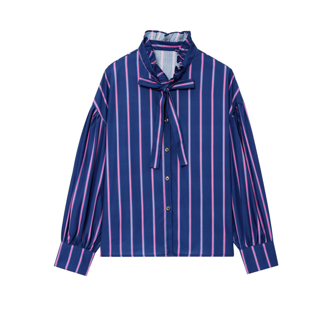 Long sleeve shirt for women with a striped design and a ruffled collar Lune London