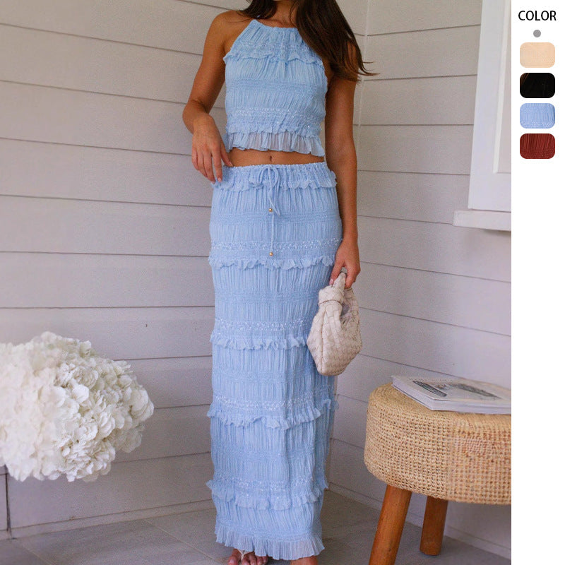 Women Two-Piece Set with Gathered Top and Maxi Skirt