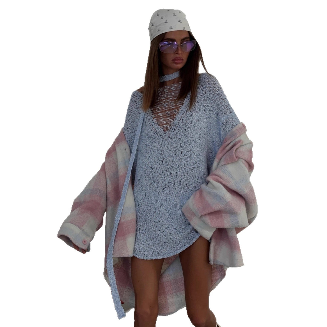 Ladies Playful Knit Sweater with Deep V-Neck Chic & Stil