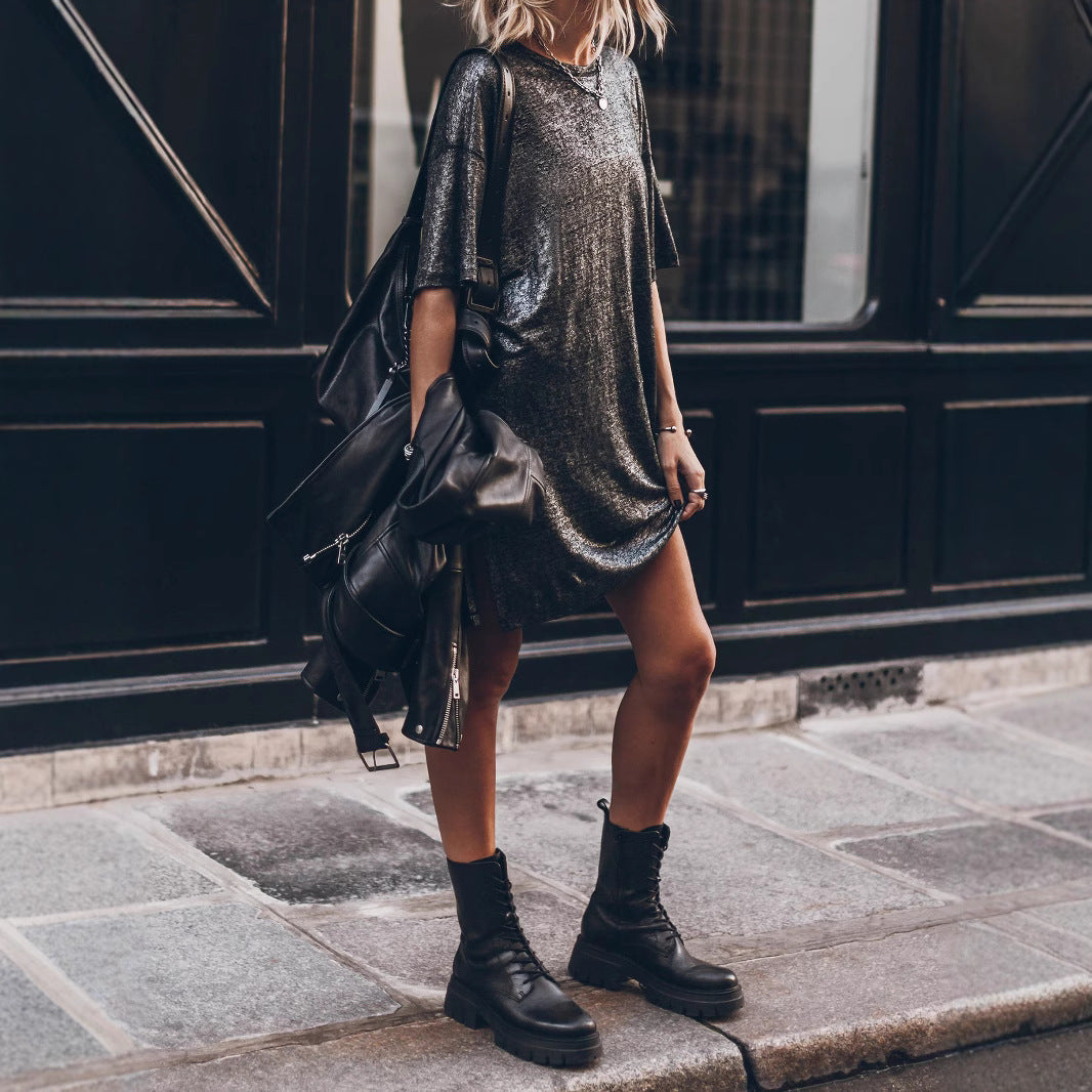 Women Casual Glitter Dress with Side Slit and Oversized Cut Lune London