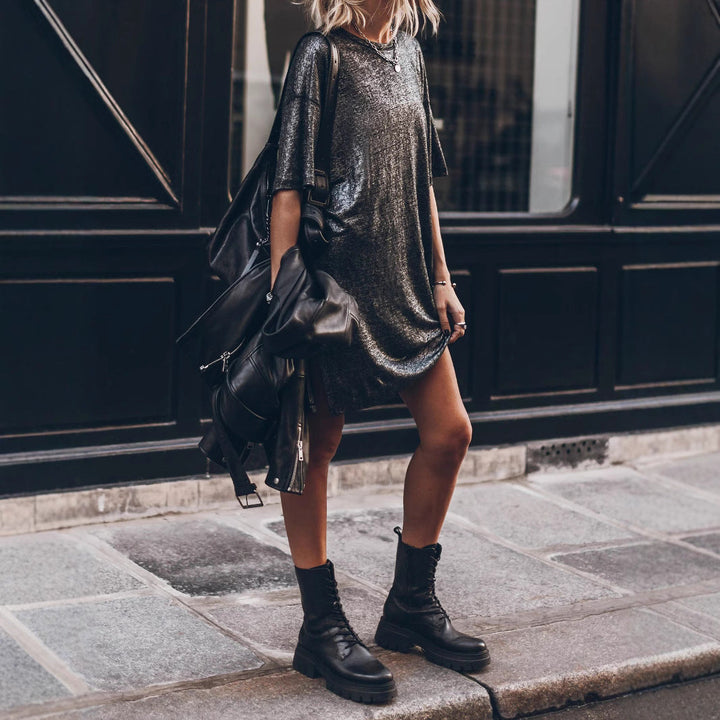 Women Casual Glitter Dress with Side Slit and Oversized Cut Lune London