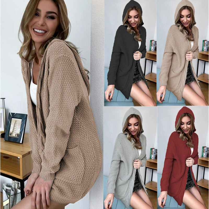 Ladies chunky knit cardigan with hood and large pockets Lune London