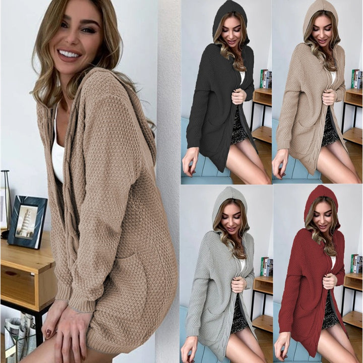 Ladies chunky knit cardigan with hood and large pockets Lune London