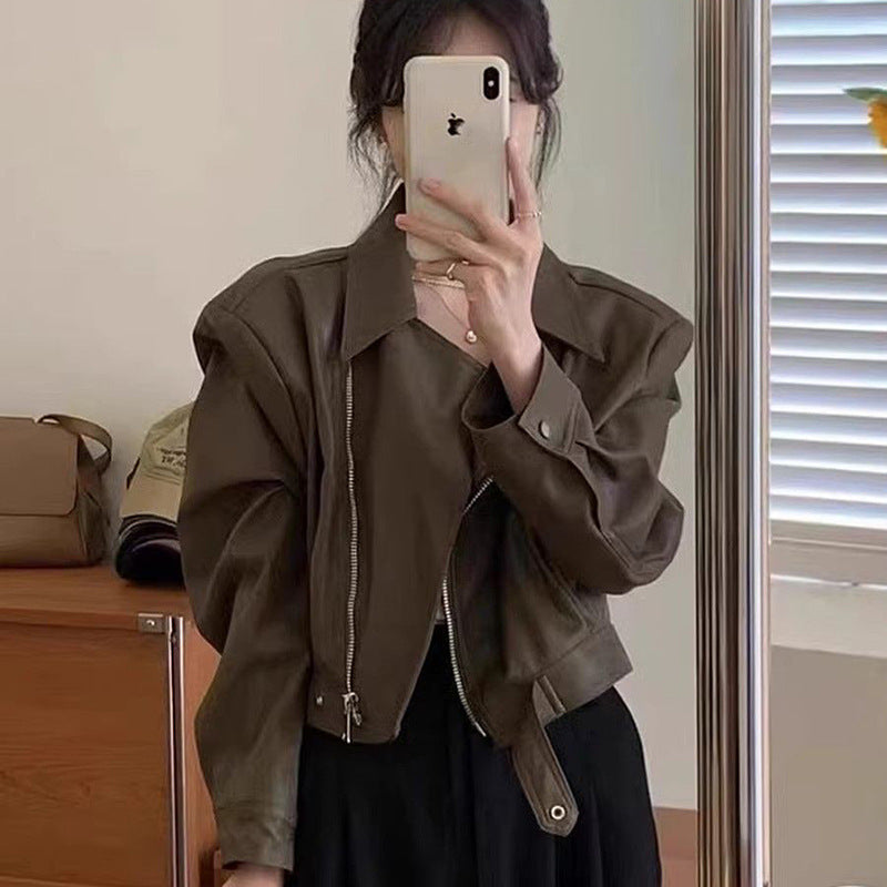 Women's Cropped Leather Jacket in Stylish Biker Design with Asymmetrical Zipper and Soft Materials