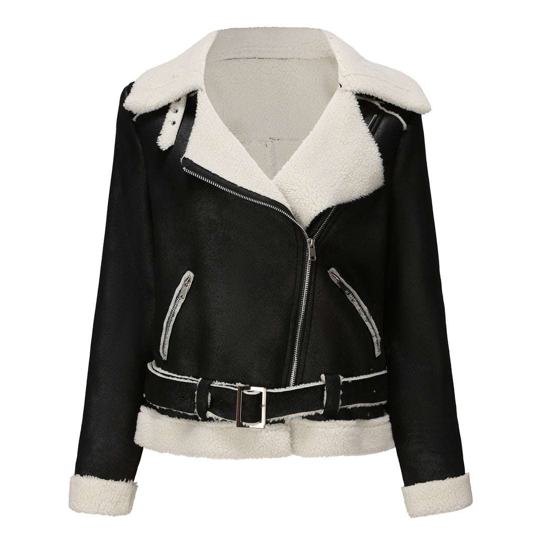Sheepskin jacket for women with asymmetric zipper and belted waist Lune London