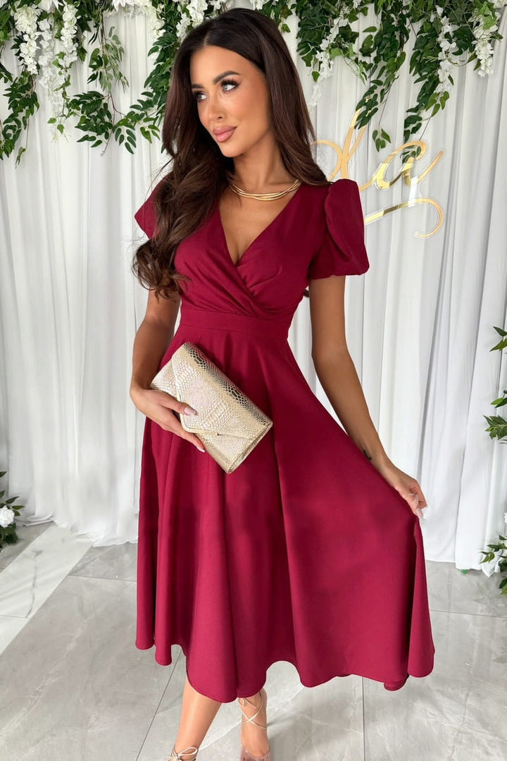 Lune London | Stylish Commuting Solid Color V-Neck Puff Sleeve Dress