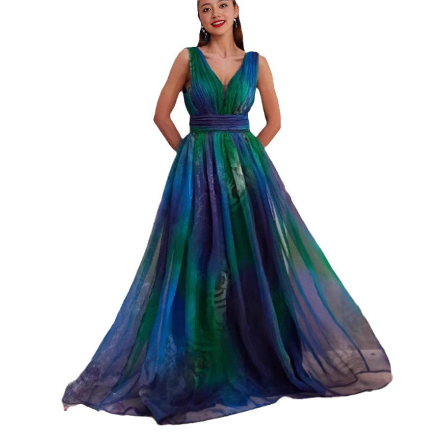 Women's Elegant Evening Dress with Shimmering Tulle Layers and Deep V-Neck