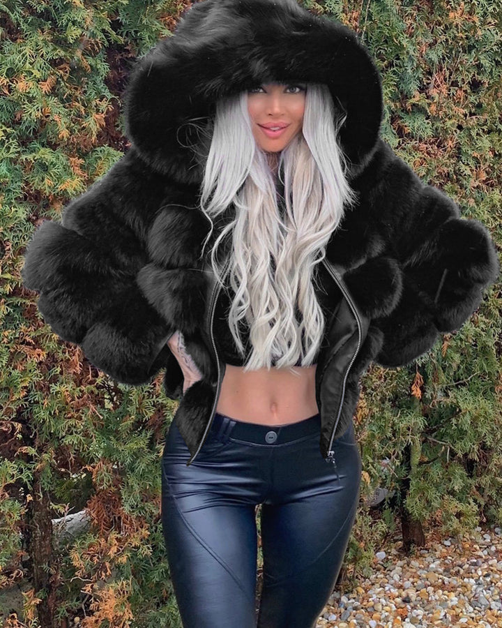 Ladies Cozy Faux Fur Jacket with Plush Hooded Collar Lune London