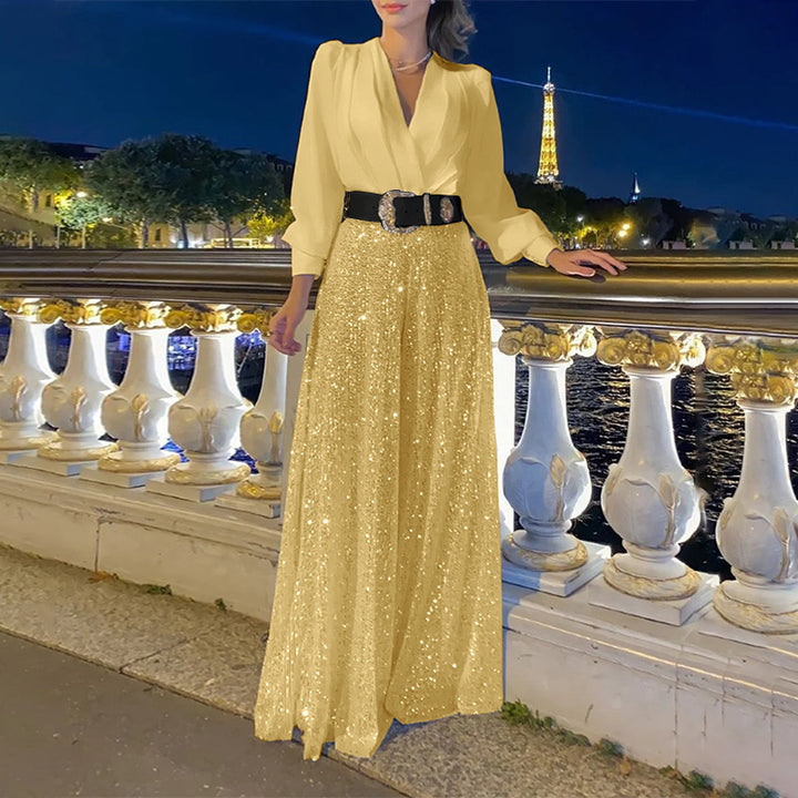 Glamorous evening dress for women with sparkling top and flared skirt Lune London