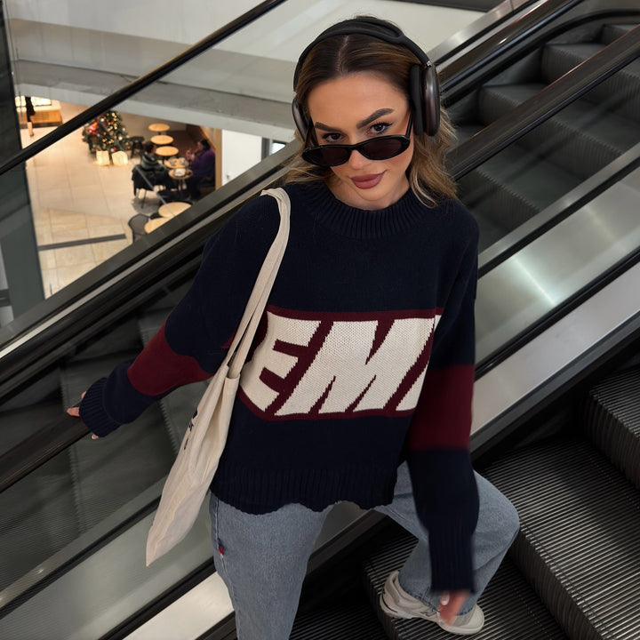 Sporty knitted sweater for women with creative graphic design and loose fit Lune London