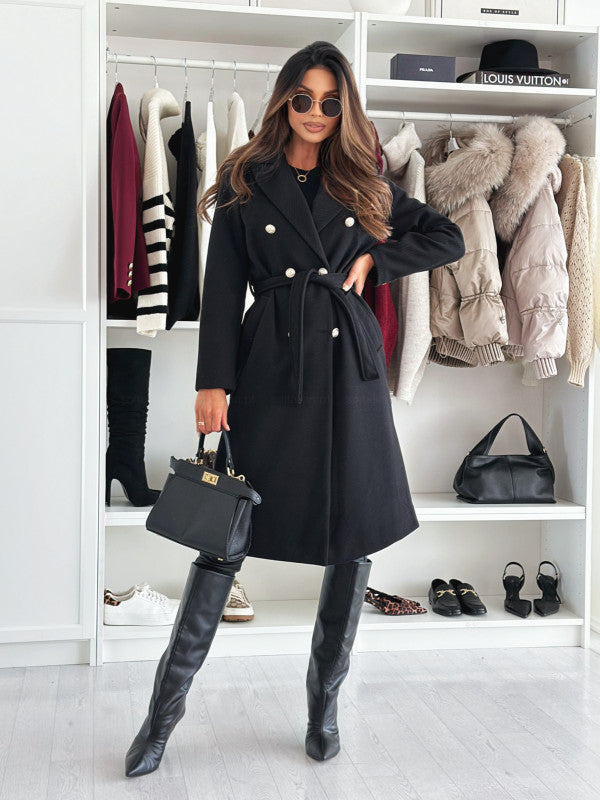 Ladies elegant double-breasted coat with belt and high-quality fabric Lune London
