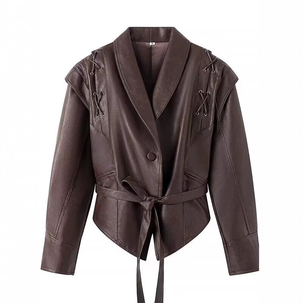 Ladies elegant faux leather jacket with adjustable belt and decorative lace details Lune London