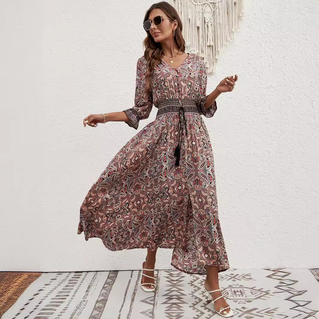 Maxi dress for women with removable belt at the waist and artistic pattern Lune London